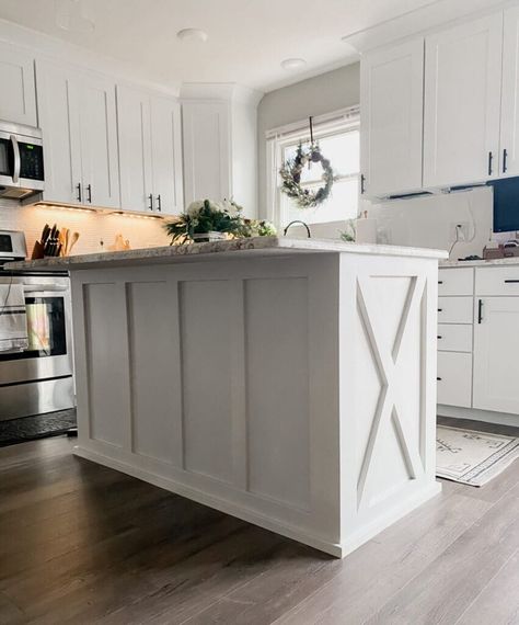 21 Farmhouse Kitchen Ideas That Prove Rustic Is The New Modern Kitchen Island Upgrade, Kitchen Island Trim, Diy Sideboard, Kitchen Island Makeover, Cabinets Painted, Modern Farmhouse Diy, Board And Batten Wall, Farmhouse Style Decor, Builder Grade