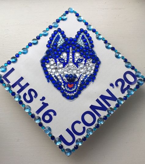 completely bejeweled UConn Husky grad cap #gradcap #huskies #graduation #mortarboard #uconn Uconn Graduation Cap, Uconn Grad Cap, Grad Cap Ideas College Logo, High School Graduation Cap Designs, Senior Things, Grad Cap Decorated, Graduation Cap Decoration Diy, University Of South Dakota, High School Graduation Cap