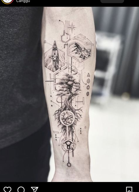 Concept Tattoo, Geometric Tattoo Sleeve Designs, Bali Tattoo, Geometric Sleeve Tattoo, Tattoo Line, Forearm Band Tattoos, Abstract Concept, Wrist Tattoos For Guys, Geometry Tattoo