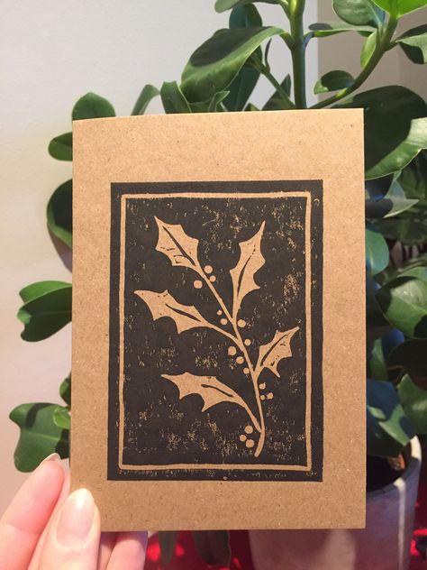 Hand printed Christmas card.  Lino print onto recycled brown card. Comes with envelope, no message inside.