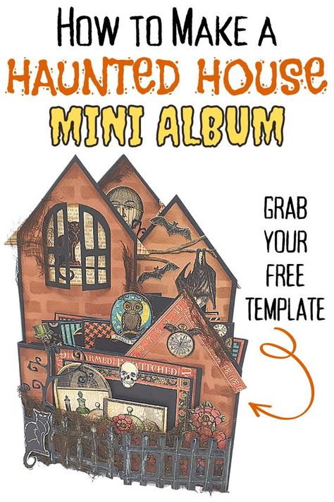 How to make a haunted house mini album. Get your free template to make this fun interactive mini album Halloween Photo Album, Interactive Mini Album Pages Ideas, Halloween Paper Crafts Diy, Mini Album Tutorial Templates, Make A Haunted House, Halloween Scrapbook Layouts, Mini Album Template, Mini Album Tutorials, Diy Mini Album Tutorial