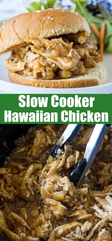 This juicy slow cooker Hawaiian chicken with pineapple is cooked for hours and then shredded in a sweet-smoky sauce. Perfect in sandwiches! #slowcooker #crockpot #hawaiianchicken Hawaiian Shredded Chicken Crockpot, Hawaiian Shredded Chicken, Slow Cooker Hawaiian Chicken, Crock Pot Chicken Recipe, Easy Crock Pot Chicken, Chicken With Pineapple, Shredded Chicken Crockpot, Crock Pots, Homemade Barbecue Sauce