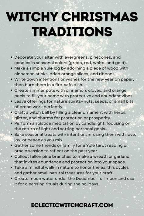 Infuse your holiday with witchcraft by crafting witch balls, making protective wreaths, and burning wishes in a fire-safe dish. Learn how to honor the solstice, reflect on the past year, and embrace the magic of nature. Explore these spiritual and practical holiday ideas today! Yule Candle Colors, Yule Family Traditions, Pagan Winter Solstice, Pagan Winter, Yule Witch, Solstice Traditions, Winter Solstice Rituals, Yule Holiday, Winter Solstice Traditions