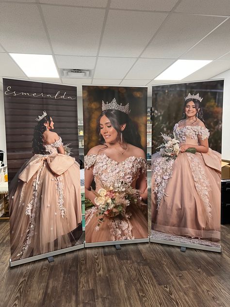 Includes 3 quinceanera/ any print banner stands and 3 banner prints, ready to use. YOU DO NOT HAVE TO DO IDENTICAL PRINTS.  Custom wedding banner, or any event. Retractable quinceanera banners are very quick and convenient to set up. Everything is included so when you receive it it is ready to go. If you need a design please message me or when ordering include it in personalization section. Banner with retractable stand! - Roll up banner stand, custom retractable banner stand , pop up banner sta Emerald Green Quinceanera Court, Quinceanera Set Up Ideas, Quinceanera Rancho Theme, Destination Quinceanera, Quinceanera Must Haves, Fun Quinceanera Ideas, Quince Set Up, Rose Gold Decorations Party, Ranch Quinceanera Ideas