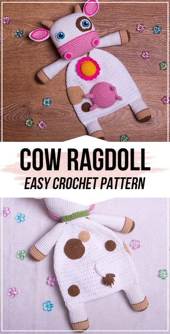 crochet Cow Ragdoll pattern - easy crochet amigurumi pattern for beginners Ragdoll Pattern, Crochet Lovey Free Pattern, Crocheted Cow Pattern, Cow Crochet, Lovey Pattern, Crochet Lovey, Crochet Geek, Crochet Cow, Haken Baby