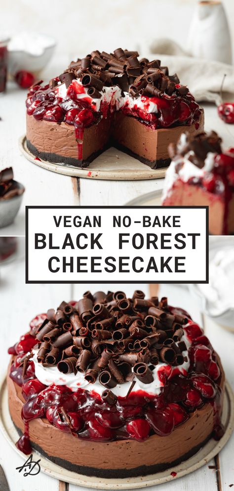 Cheesecake Black Forest, Vegan Black Forest Gateau, Beautiful Vegan Food, Vegan Nut Free Desserts, Easy No Bake Cake Recipes, Vegan Black Forest Cake, Vegan Cheesecake No Bake, Vegan Desserts Recipes, Lactose Free Cheesecake