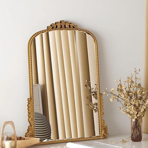 A beautiful classy, timeless piece sure to dress up any space a little. Gold antique baroque frame mirror perfect for any space and multiple aesthetics. #affiliate Chiara Core, Anthropologie Mirror, Arch Wall Mirror, Antique Gold Mirror, Gold Wall Mirror, Arched Wall, Traditional Wall Decor, Mantel Mirrors, Powder Room Decor