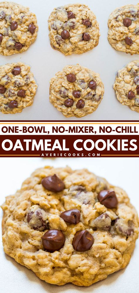 EASY Oatmeal Cookies (No-Chill, One-Bowl, No-Mixer!) - Averie Cooks Easy Oatmeal Chocolate Chip Cookies, Easy Oatmeal Cookies, Quick Oatmeal, Oatmeal Chocolate Chip Cookie Recipe, Oatmeal Cookies Easy, Averie Cooks, Homemade Oatmeal, Easy Oatmeal, Oatmeal Cookie Recipes