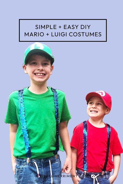 If you're looking for an easy Mario and Luigi costume DIY then look no further! This costume is easy to pull together with little fuss. Great for brothers, couples, siblings, best friends and more! The key to this simple costume DIY is selecting the correct colours. The other specifics can all change. Head over to A Visual Merriment to see it come together | #mario_and_luigi_costume #super_mario_costumes #super_mario_and_luigi #diy_halloween_costumes_for_kids #halloween_costumes_for_brothers Kids Mario Costume, Mario Costumes, Easy Book Week Costumes, Literary Costumes, Mario And Friends, Super Mario Costumes, Luigi Costume, Teacher Costumes, Super Mario And Luigi