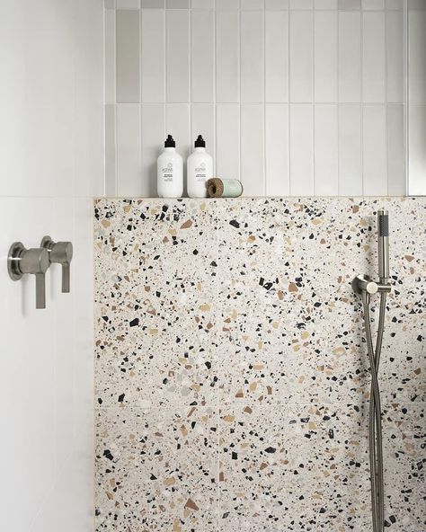 GIA Bathrooms & Kitchens on Instagram: “Our #CaulfieldNorth shower is soothing, sleek and textured. Interested in learning more about what we can do in your home? -…” Small Terrazzo Bathroom, Terrazzo Bathroom Tile, Terrazzo Small Bathroom, Bath Small Space, Studio Bathroom Ideas, Terrazzo Bathrooms, 1940 Bathroom, Terrazzo Tiles Bathroom, Terrazzo Bathroom Tiles