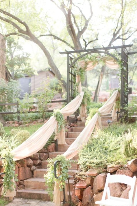 Wedding stairs at Arizona venue in the Forest Outdoor Wedding Staircase Decoration, Outdoor Stair Decoration Wedding, Wedding Stairs Decoration Outdoor, Staircase Wedding Ceremony, Wedding Staircase Decoration, Decorating Stairs, Bridal Entrance, Wedding Stairs, Entrance Stairs