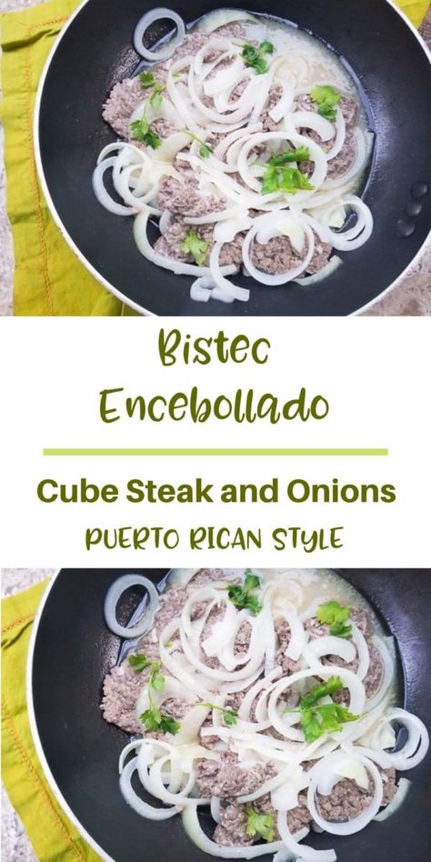 Bistec Encebollado (Cube Steak and Onions) | Mexican Appetizers and More! Cube Steak And Onions, Mexican Cube Steak Recipes, Puerto Rican Steak And Onions Recipe, Cube Steak With Lipton Onion Soup, Steak And Onions Recipe, Puerto Rican Cubed Steak, Bistec Encebollado Puerto Rican, Puerto Rican Bistec Encebollado, Belizean Recipes