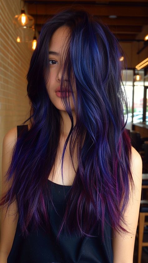 24 Blue Black Hair Ideas That'll Make Heads Turn In Trend Hair Colour, Blue Purple Hair Color, Purple Black Hair, Long Purple Hair, Indigo Hair, Ginger Braids, Blue Purple Hair, Hidden Hair Color, Free Hairstyle