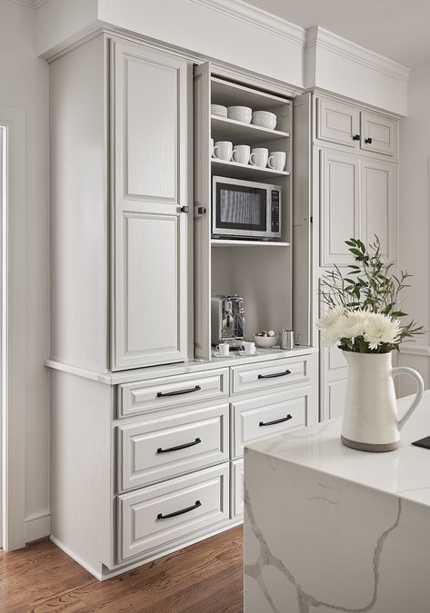 Built In Coffee Bar, Kitchen Coffee Bar Ideas, White Kitchen Cabinet, Gray Shaker Cabinets, Kitchen Coffee Bar, Coffee Cabinet, Coffee Bar Station, Coffee Bar Ideas, Coffee Stations