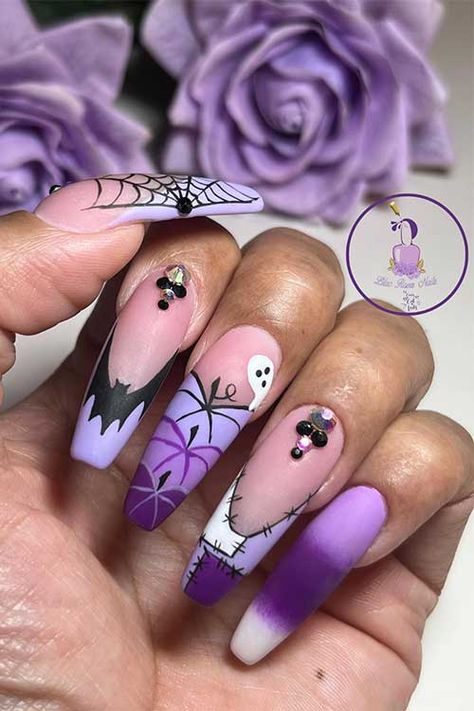 Purple And Silver Halloween Nails, Purple Bat Nails, Cute Purple Halloween Nails, Black White And Purple Nails, Pink And Purple Halloween Nails, Matte Purple Nail Designs, Purple Black Halloween Nails, Purple Pumpkin Nails, Spooky Nails Ideas