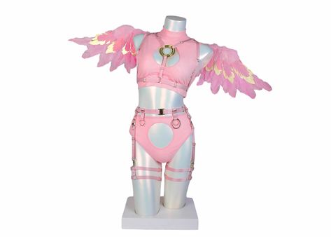 handmade art petplay harness cosplay cutecore anime bra briefs cow realistic lingerie thong top wings Draw Ur Oc In This Outfit, Cutecore Anime, Ruffle Skirt Long, Tomorrowland Outfit, Pink Cosplay, Rave Fits, Rave Babe, Plus Size Costume, Rave Gear