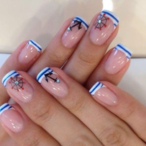 Anchor Nail Designs, Ocean Nail Ideas, Nautical Nail Designs, Anchor Nail Art, Ocean Nail, Anchor Nails, Cruise Nails, Nautical Nails, Classic Nails