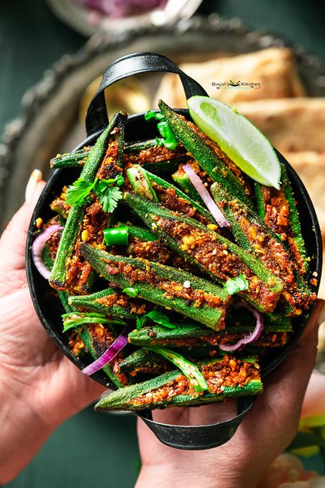 Stuffed Bhindi Recipe, Stuffed Okra, Hebbar's Kitchen, Dried Mangoes, Gujarati Recipes, Masala Recipe, Chickpea Flour, Red Chili Powder, Grated Coconut