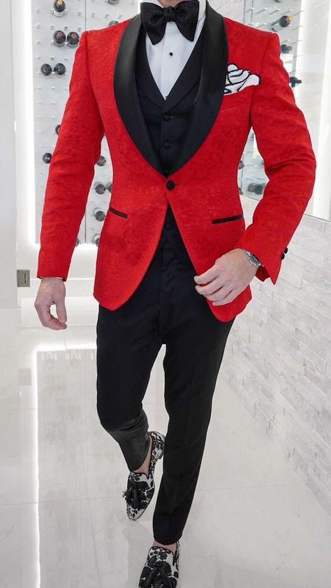 Red Prom Outfits For Guys, Red Suit Prom, Black Prom Suits For Guys, Prom Suits For Men Red, Black And Red Prom Suits, Suits For Men Black, Red Prom Suit, Black Prom Suits, Men Dress Outfits