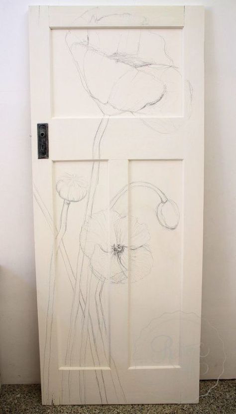 vintage door painted poppy makeover Door Sketch, Painted Bedroom Doors, Painted Poppy, Chalk Paint Makeover, Closet Door Makeover, Window Panes, Vintage Doors, Porte Decorate, Door Murals