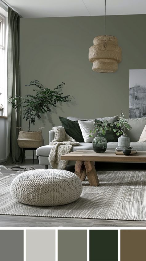 Gray Earthy Living Room, Grey Green Natural Living Room, Green And Greige Living Room, Olive Grey Living Room, Light Grey And Green Living Room, Living Room Tropical Modern, Green And Grey Living Room Color Scheme, Grey And Green Interior, Green And Gray Living Room