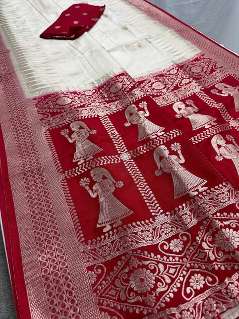 Art Silk Banarasi Saree in Off White and Red, Budget Saree Shipped from USA by BengalLooms on Etsy Baluchari Motifs, Silk Banarasi Saree, Ethnic Looks, Banarasi Saree, Red Art, Banarasi Sarees, White And Red, Indian Sarees, Saree