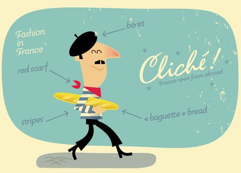 We’re guilty of indulging in French clichés & stereotypes – are you? - www.MyFrenchLife.org Beret Fashion, French For Beginners, Best Vacation Destinations, French People, French Magazine, Bastille Day, French Class, French Lessons, Illustrated Map