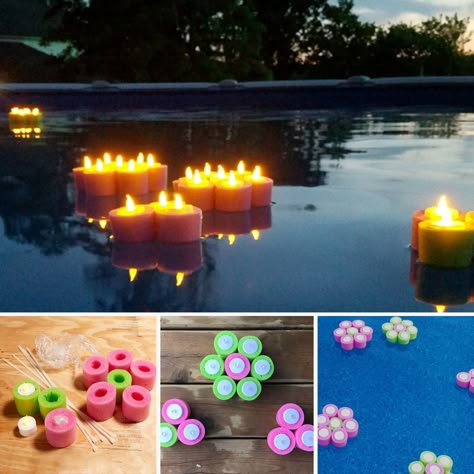 Floating Flower Tea Lights in section of pool noodles Pool Noodle Hacks, Foam Pipe Insulation, Noodle Hacks, Pool Noodle Wreath, Swim Noodles, Noodles Ideas, Pool Noodle Crafts, Foam Noodles, Door Bumper