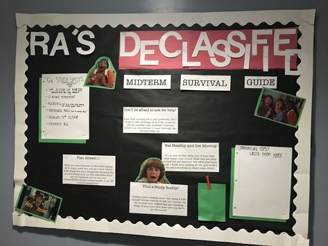 Did this “Ned’s Declassified School Survival Guide” inspired bulletin board for one of my floors! Get To Know Your Ra Bulletin Board, Resident Assistant Boards, Res Life Programs, Resident Assistant Programs, Residence Life Bulletin Boards, Ra College, Dorm Bulletin Boards, Res Life Door Decs, Ra Decorations