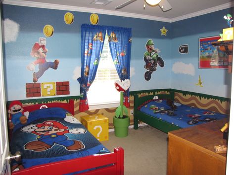 If we ever move & get a bigger house and get to decorate the kid's rooms I think the boys would LOVE this. Mario Bedroom Ideas Boys, Toddler Boys Bedroom Themes, Mario Bros Room, Mario Bedroom, Kids Bedroom Themes, Super Mario Room, Boy Room Themes, Mario Room