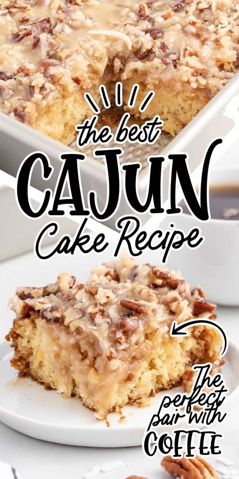 Cajun cake is an easy southern cake recipe that is bursting with bites of juicy pineapple and is topped with a warm caramel-like coconut and pecan glaze. Cajun Style Desserts, Louisiana Recipes Dessert, Cajun Dessert Recipes, Southern Cake Recipes, Cajun Cake Recipe, Cajun Cake, Cajun Desserts, Pecan Glaze, Southern Cakes