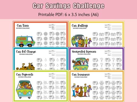 Car maintenance savings - Mini savings challenge - Retro Scoob New Car Savings Challenge - Auto Shop Repair - Fits A6 Budget Binder - PDF Car Savings Challenge, Car Oil Change, Car Saving, Mini Savings Challenge, A6 Budget Binder, Spar Challenge, Auto Shop, Savings Challenges, Car Payment