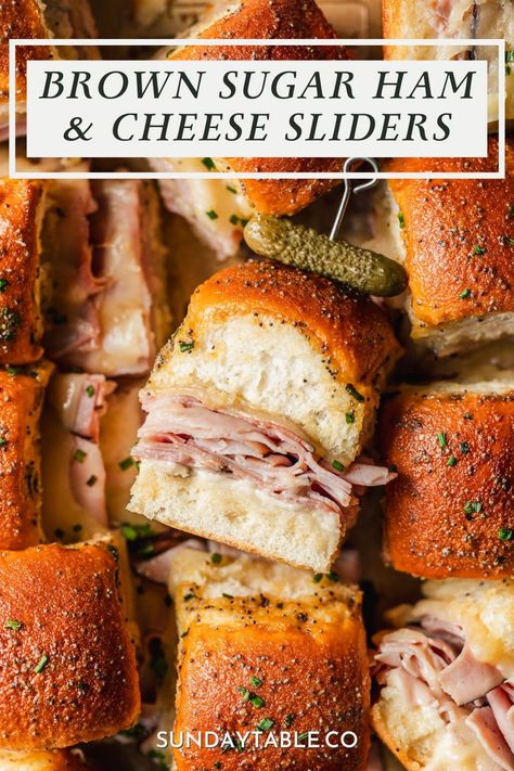 If you have leftover holiday ham, then you have to make these brown sugar ham and cheese sliders! They have Hawaiian rolls, ham, white cheddar (Havarti or Swiss works too!), buttery brown sugar Dijon topping, and poppy seeds. This recipe is so easy and makes enough for a crowd. Serve them with sides like potato chips, pasta salad, or fresh fruit for lunch. Or, make them as an appetizer for a party, holidays, or game day. These hot ham sliders are oven-baked for a gooey, savory party food ... Lunch Dishes For A Crowd, Ham And Cheese Sliders On Hawaiian Rolls With Italian Seasoning, Christmas Hawaiian Roll Sliders, Sliders For A Crowd Hawaiian Rolls, Ham And Cheese Hawaiian Rolls Sliders Brown Sugar, Party Sliders For A Crowd Easy, Baked Ham Sliders On Hawaiian Rolls, Baked Hawaiian Rolls, Things To Serve With Ham