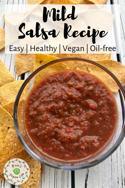 This mild salsa recipe is super healthy and easy to make. It is vegan and oil-free, and will be a hit with your friends and family! #breesveganlife #salsa #veganrecipes Mild Salsa Recipe, Spreads Recipes, Vegan Dips, Easy Salsa Recipe, Oil Free Vegan Recipes, Mild Salsa, Healthy Vegan Breakfast, Healthy Plant Based Recipes, Vegan Dip