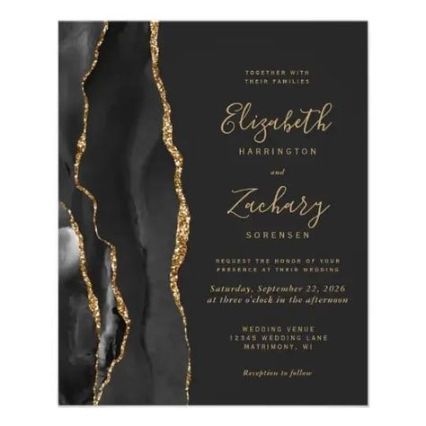 Invite family and friends to help you celebrate your big day without breaking the bank with these ultra-low-budget paper wedding invitation flyers. The left-hand edge of this elegant modern wedding invitation features a black watercolor agate border trimmed with faux gold glitter. The customizable text combines gold colored handwriting, copperplate and italic fonts on an off-black background. The reverse side features a matching black and gold agate design. Dark Wedding Invitations, Gold Wedding Invite, Wedding Flyers, Elegant Wedding Stationery, Elegant Modern Wedding, Agate Wedding, Afternoon Wedding, Black And Rose Gold, Budget Wedding Invitations