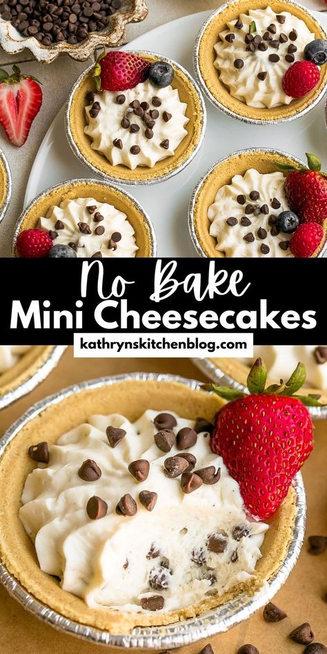 No Bake Mini Cheesecakes - Kathryn's Kitchen Mini Cheesecake Pies, Easy No Bake Mini Cheesecakes, Mini Graham Cracker Crust Desserts, Mini Pies With Graham Cracker Crust, No Bake Individual Cheesecake, Mini Graham Cracker Crust Pies, Mini Graham Cracker Crust Recipes, Mini No Bake Cheesecake Recipes, Mini Cheesecake Recipes Easy