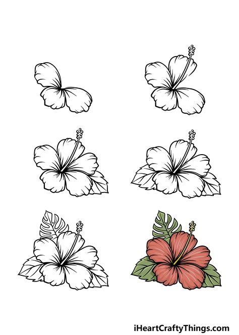 Hawaii Flowers Drawing, Hawaiian Flower Drawing, Flower Drawing Simple, Flower Crown Drawing, Hibiscus Drawing, Hibiscus Flower Drawing, Hawaiian Flower Tattoos, Hawaii Flowers, Tree Drawings Pencil