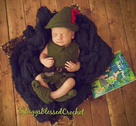 Peter pan hat and costume 0 to 1 yr old. by SjBiggsBlessedCroche on Etsy Peter Pan Outfit, Peter Pan Hat, Peter Pan Costumes, Crochet Baby Costumes, Newborn Halloween Costumes, Crochet Bib, Crochet Outfit, Baby Kicking, Baby Themes