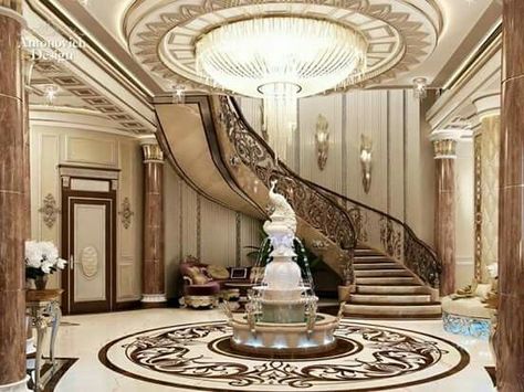 Exquisite Regal Luxury Mansion Interior Foyer Design with Centralized Fountain Statue Monochromatic Interior Design, Luxurious Penthouse, Interior Design Gallery, New Staircase, House Paint Interior, Ceiling Design Modern, Marble Flooring, Foyer Decorating, Mansion Interior