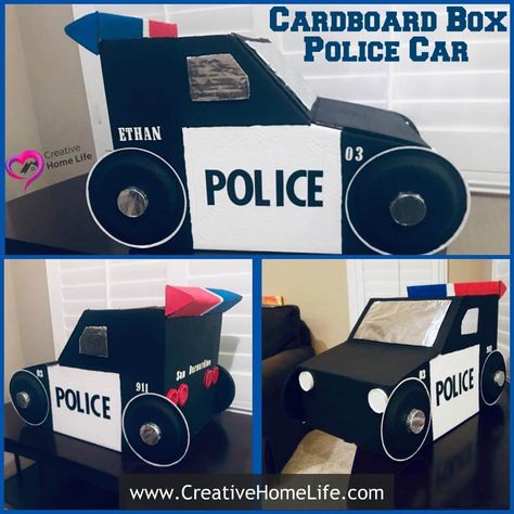 Cardboard Police Car Diy, Police Car Craft, Transportation Parade, Scarecrow Competition, Cardboard Boxes Kids, Kids Police Car, Car Costume, Cardboard Box Car, Cardboard Play