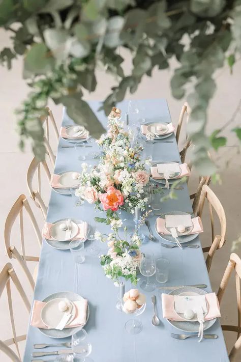 The White Barn - Pastel Wedding Inspiration - Rock My Wedding Cottage Wedding Table Setting, Pastel Floral Arrangements, Blue Table Cloth, Pink Table Settings, Pale Blue Wedding, Blue Table Settings, Wildflower Wedding Theme, Wedding Table Setup, Ruffle Wedding Cake