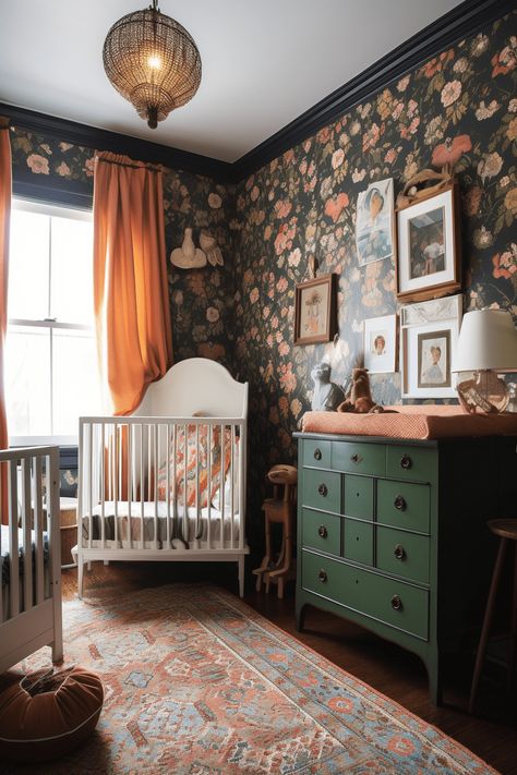 Moody Girls Nursery, Cozy Restroom, Moody Girl Nursery, Vintage Nursery Decor Ideas, Antique Nursery Ideas, Moody Nursery Ideas, Apt Organization, Gold Baby Nursery, Vintage Baby Rooms