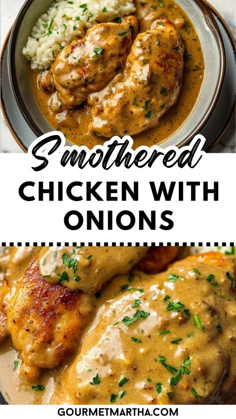 Juicy, tender chicken thighs bathed in a creamy mushroom and onion sauce, this dish is the ultimate comfort food! Perfect for chilly evenings or whenever you crave a home-cooked classic. Try this delicious recipe, perfect for any occasion #comfortfood #smotheredchicken #chickendinner #easyrecipes #familydinner #weeknightmeals #homemade #dinnerideas #onepanrecipes #fallrecipes Chicken For A Crowd Main Dishes, Chicken With Onions, Unique Chicken Recipes, Spicy Honey Chicken, Chicken Thighs Dinner, Chicken Thighs Mushrooms, Caramelized Onions Recipe, Comfort Food Chicken, Quick Lunch Recipes