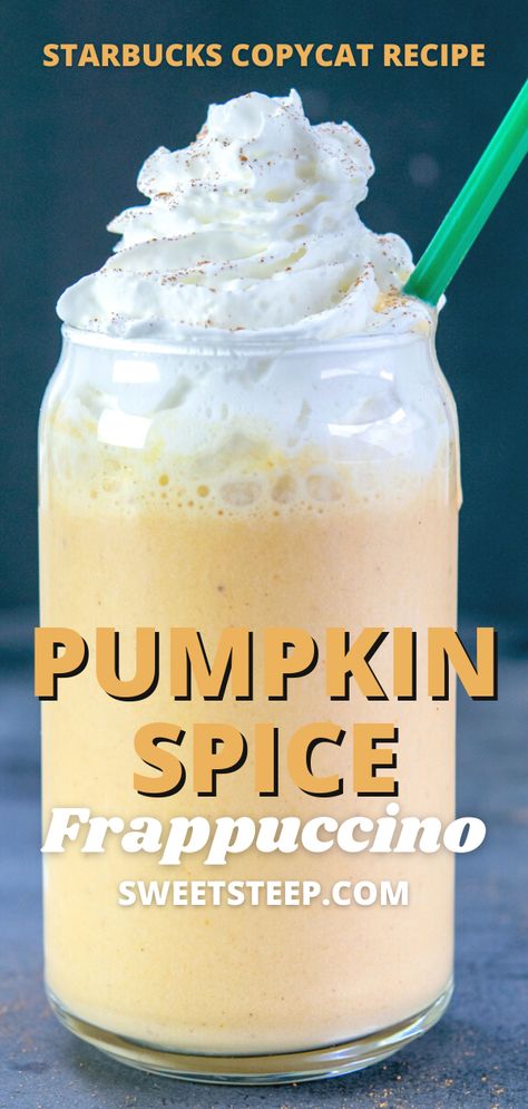 Just in time for fall, see how to make this DIY Starbucks copycat recipe for a pumpkin spice creme frappuccino with no coffee. #pumpkinspicefrappuccino #starbucksrecipe #starbucks #easy #recipe #nocoffee #pumpkinspice #frappuccino #diy #copycat #howtomake #homemade Starbucks Pumpkin Spice Frappe Recipe, Homemade Pumpkin Spice Frappuccino, Pumpkin Frappe Starbucks, Homemade Frappuccino Recipe Easy, Fruit Frappe Recipe, Frappuccino Recipe No Coffee, Pumpkin Frappe Recipe, Sugar Free Frappuccino Recipe, Pumpkin Coffee Recipe