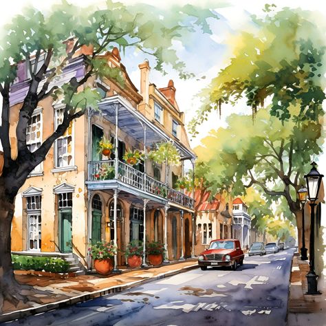 Downtown Savannah Georgia, Watercolor Digital Art, Downtown Savannah, Savannah Georgia, Digital Art Print, Southern Charm, Photo Canvas, Art File, Vintage Wall Art