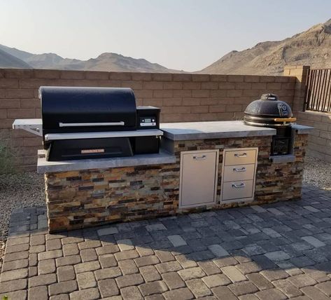 Traeger Kitchen Shelf Outdoor Kitchen With Traeger Grill, Bbq Pavilion, Built In Outdoor Grill, Outdoor Deck Decorating, Outdoor Kitchen Design Layout Grill Area, Backyard Renovation, Outdoor Grill Area, Outdoor Bbq Area, Outdoor Grill Station