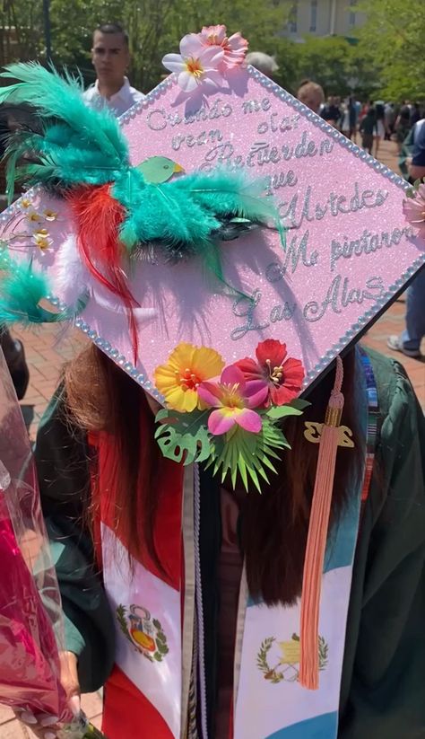 A Latina graduate shows off her decorated cap and stoles. College Stole Graduation Ideas, Spanish Graduation Cap, Grad Stole Ideas, First Generation Graduation Cap, Latina Graduation Cap Ideas, Latina Graduation, Stole Ideas, Grad Stoles, 2025 Graduation