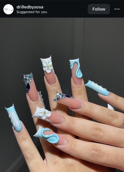 Anime Nails, Airbrush Nails, Punk Nails, Blue Acrylic Nails, Short Square Acrylic Nails, Crystal Nails, Unique Nails, Pink Acrylic Nails, Valentine's Day Nails