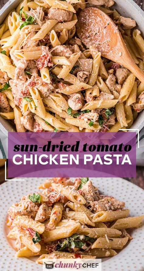 This quick and easy Sun Dried Tomato Chicken Pasta has amazing flavor, comes together quickly, and has a sauce that just melts in your mouth!  A dinner recipe the whole family will love! #pasta #chicken #sundriedtomato #tomato #Italian #dinner #easyrecipe Sun Dried Tomato Chicken Pasta, Sun Dried Tomato Chicken, Make Sun Dried Tomatoes, Chicken Penne Pasta, Sun Dried Tomato Pasta, Sundried Tomato Pasta, Pasta Easy, Tomato Chicken, Chicken Penne