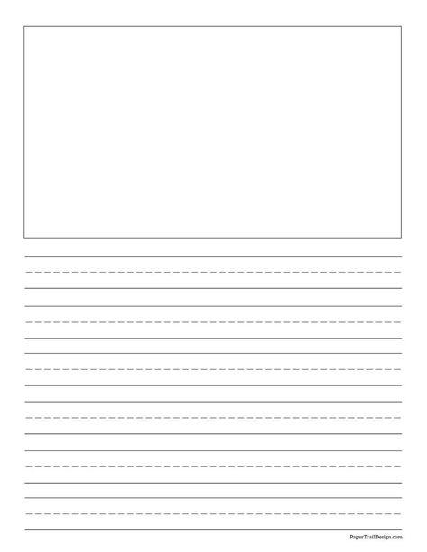 Free Printable Lined Writing Paper with Drawing Box - Paper Trail Design Kindergarten Lined Paper, Lined Paper For Kids, Primary Writing Paper, Kindergarten Writing Paper, Free Writing Paper, Free Paper Printables, Writing Paper Template, Printable Graph Paper, Primary Writing